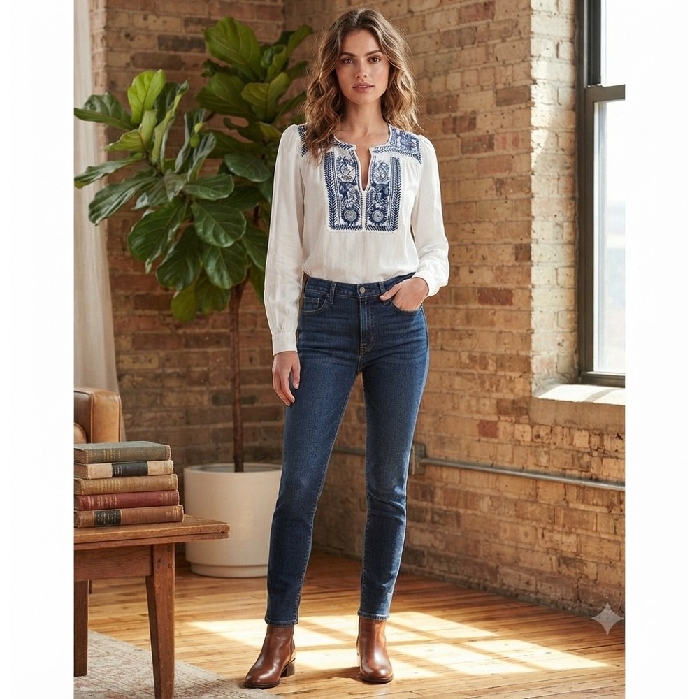 Saint Tropez West Embroidered Blouse Top White Blue Long Sleeve Boho Medium - Picture 1 of 12